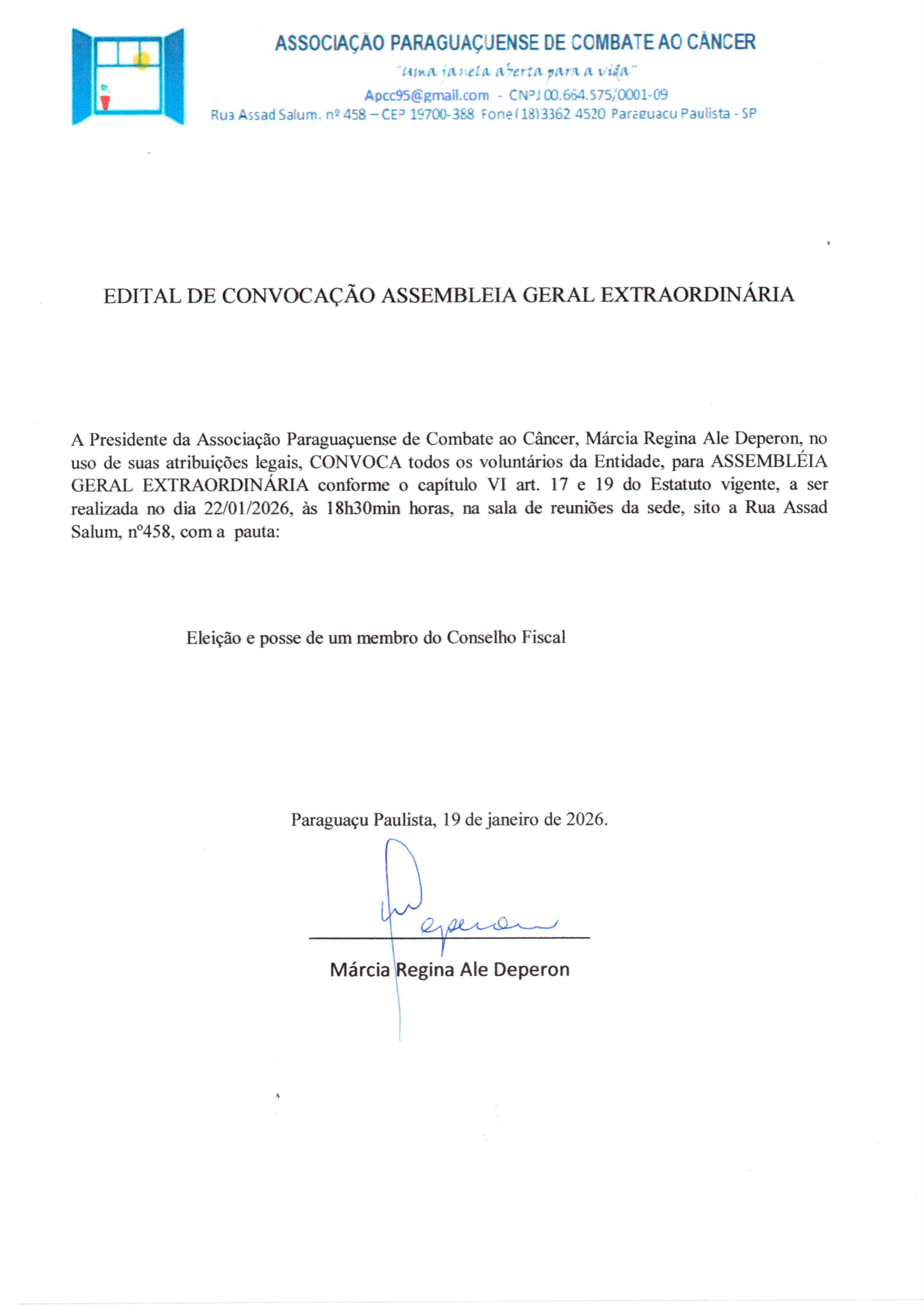 Associação do Câncer convoca Assembleia Geral Extraordinária